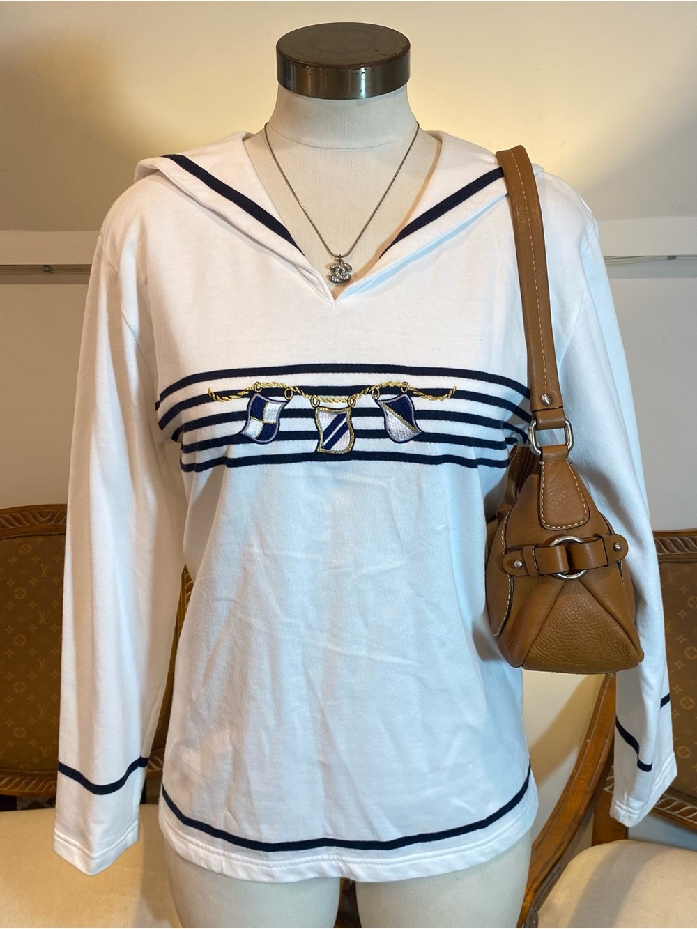 Vintage 90s Nautical Stripe Long Sleeve Sailor Top with Wide Collar and Stripes